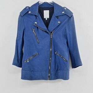 Brogden Moto Biker Jacket Womens Size S Blue Leather Asymmetric Zip‎ Epaulets